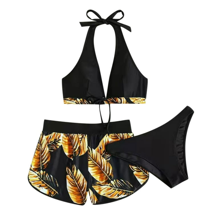 Olyvenn Summer Women's Bikini Swimsuit Summer Beach Outfits for Girls  Hawaiian Tropical Print Beachwear Strappy Halter Bathing Suit Deep V-Neck
