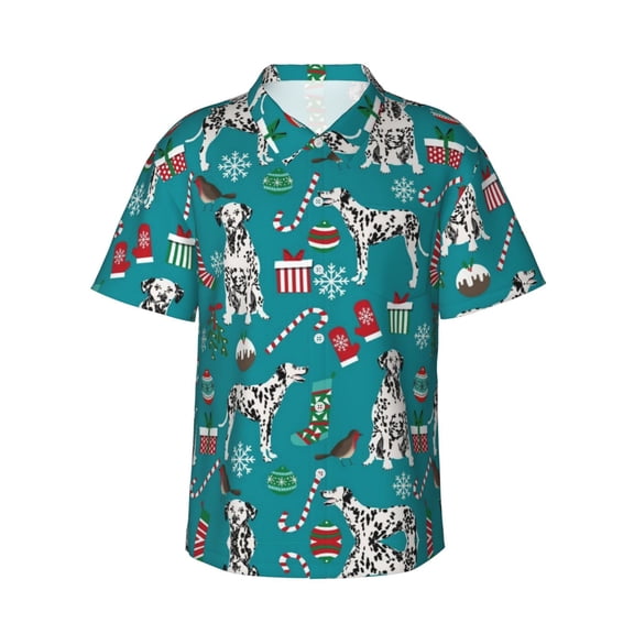 Dalmatian Dogs Christmas Hawaiian Shirts For Men, Summer Short-Sleeve Relaxed-Fit Button-Down Shirts Small
