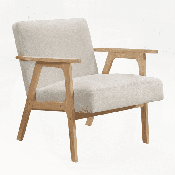 Modern 1pc Accent Chair - Solid Rubberwood with Beige Fabric Upholstery