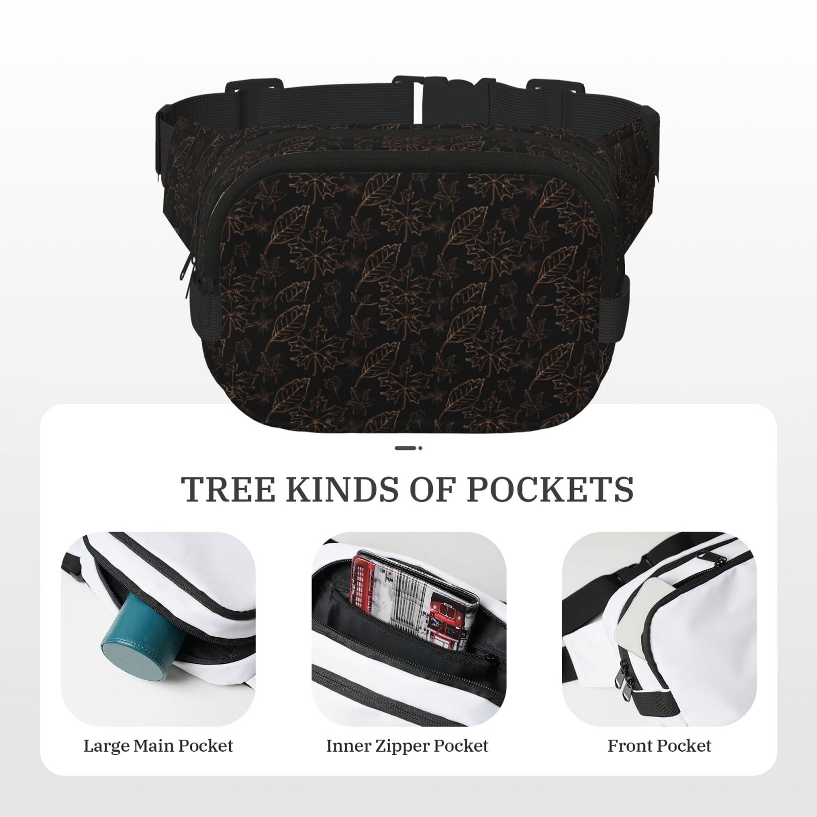Picia Autumn Leaves1 Print Square Double-Layer Waist Bag Mini Adjustable Waist Belt Bag Exercise Running Travel Hiking