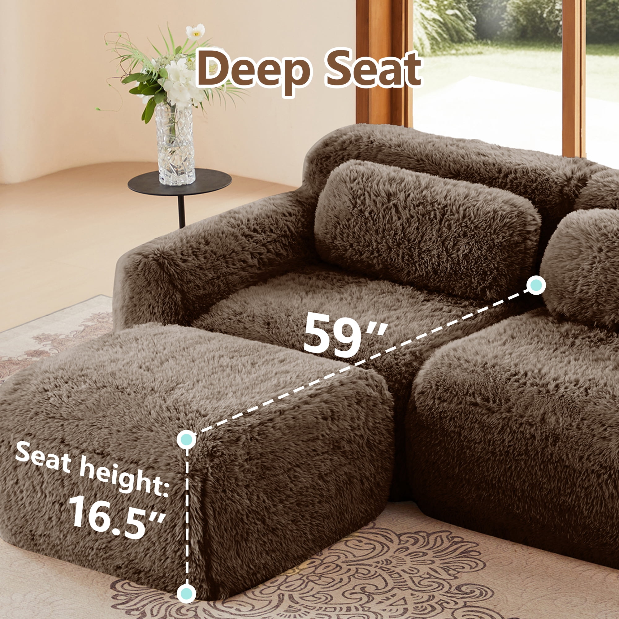 MAYEERTY 80" Chocolate L-Shaped Boneless Sofa, Plush Fabric 32D Foam Non-Slip Base No Assembly Ergonomic with Chaise & Pillows for Bedroom