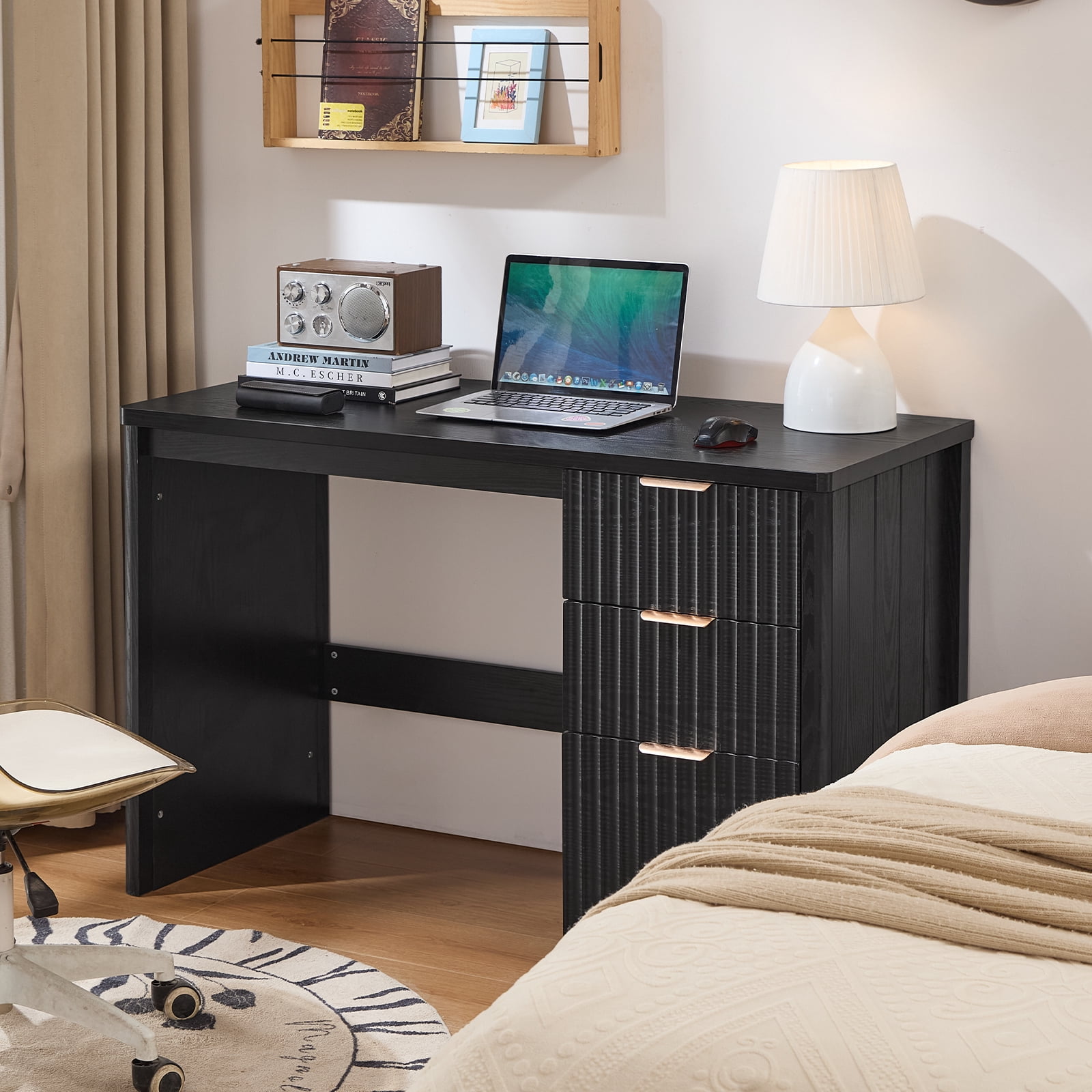 48" Fluted Executive Desk, Modern Wood Computer Writing Desk Home Office Desk with Metal Handles, Writing Table Storage Cabinet for Study, Black