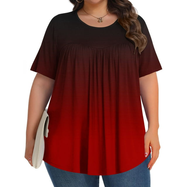 Liquidation d'Économies! Hauts Oversize pour Femmes en Liquidation, Hauts Blouse d'Été à Manches Courtes pour Femmes, Blouse Mode pour Femmes Imprimée Grande Taille à Manches Courtes Unie pour Dames à Col Rond Plissée