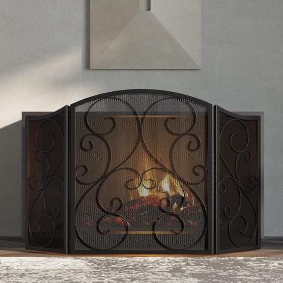 Fireplace Screen 3 Panel Wrought Iron Metal 48"(L) x30(H) Spark Guard Cover(Black)