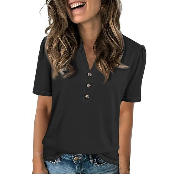 NAMTYQX Short Sleeve Blouses for Women Button V Neck Simple Womens Summer Tops Cute Summer Tops for Women Black Size 2XL