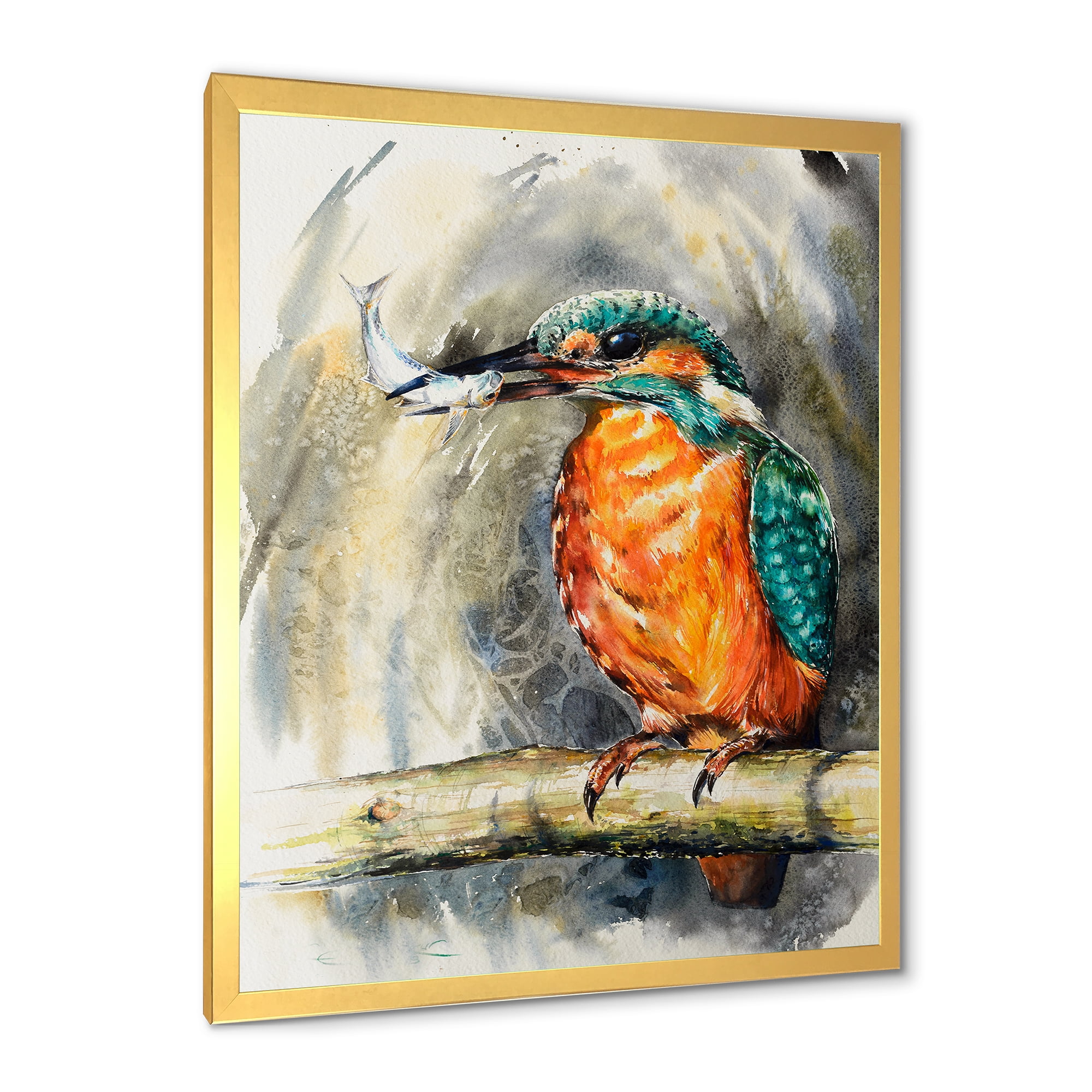 Designart 'Common Kingfisher On Branch Eating A Small Fish' Traditional Framed Art Print