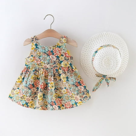 

Hunpta Infant Baby Girls 6M-3Y Sleeveless Bowknot Floral Printed Suspenders Princess Dress Hat Set