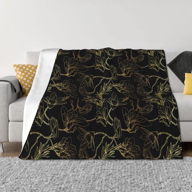 Fotbe Gold Gloss Outline Floral Manta de Franela con Estampado, Manta Ultrasuave para Cama, Sofá, Auto, Hipoalergénica y Antibolitas-50"x40"
