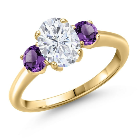 Gem Stone King 10K Yellow Gold White Moissanite and Purple Amethyst Engagement Ring for Women | 2.00 Cttw | Oval 8X6MM | Gemstone Birthstone | Size 8