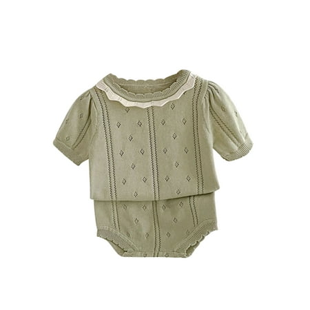 

MissiMae Baby Girls Knit Shorts Set Short Sleeve Patchwork T-shirt with Elastic Waist Hollowed Shorts Summer Outfit