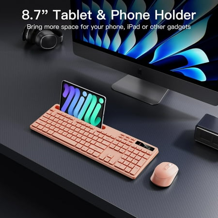 ASIASN-Wireless Keyboard and Mouse Combo 2.4G Full-Sized Computer Keyboard with Phone Tablet Holder 22 Multimedia Shortcuts Numeric Keypad 6 Button Silent Mouse for Windows Mac (Cherry Pink)
