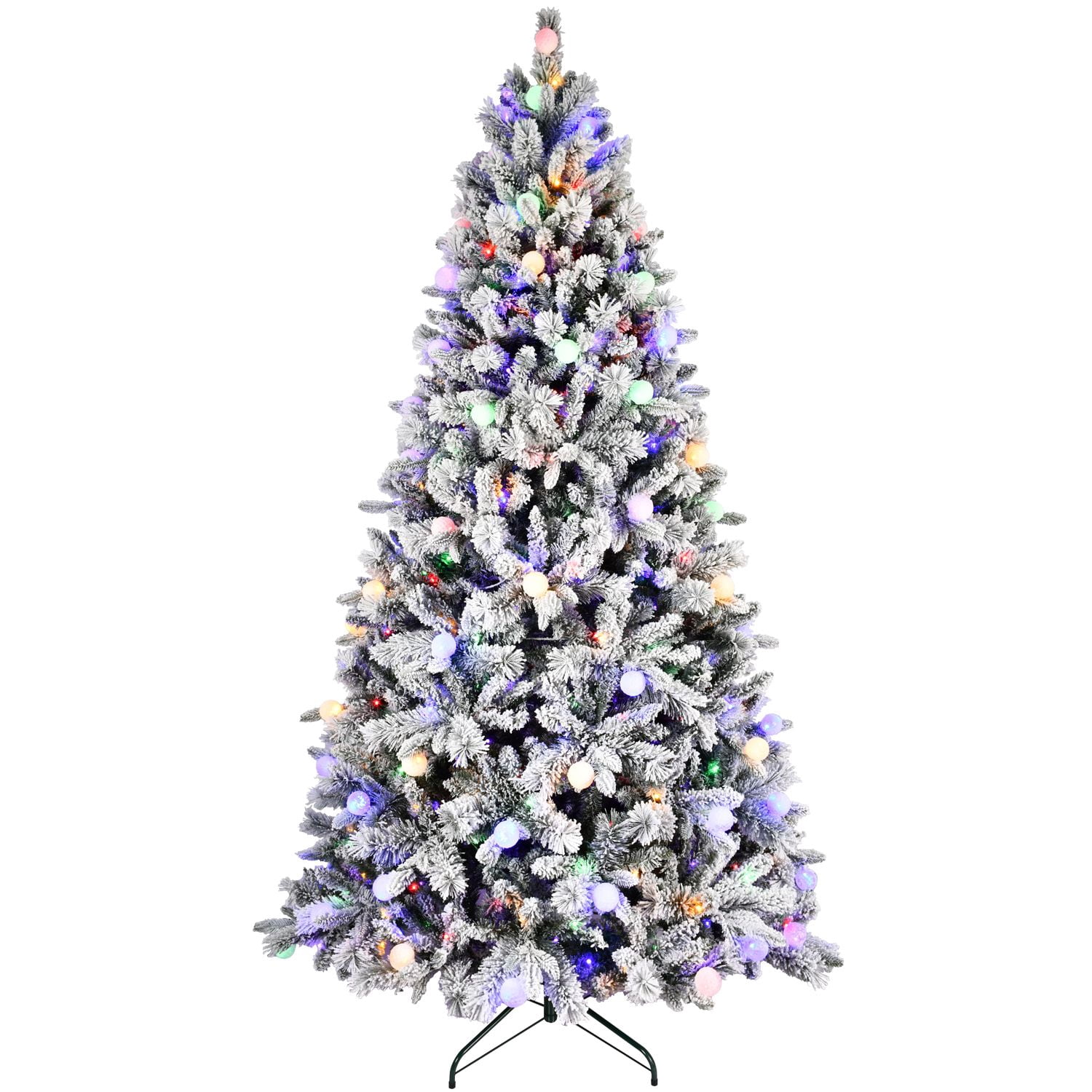 7.5FT Prelit Artificial Flocked Christmas Tree with 400 Multi-Color LED Lights, Full Hinged Pine Xmas Tree with 1523 PE & PVC Mixed Branch Tips, Metal Stand and Hinged Branches, 10 Colors