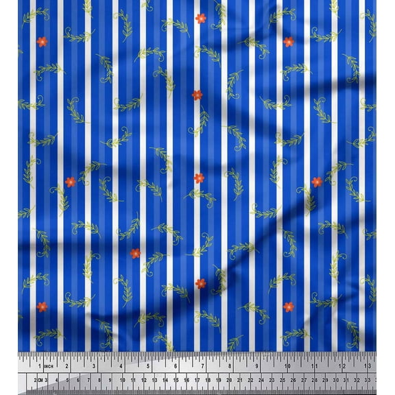 Soimoi Blue Cotton Voile Fabric Leaves & Floral Stripe Print Fabric by Yard 42 Inch Wide