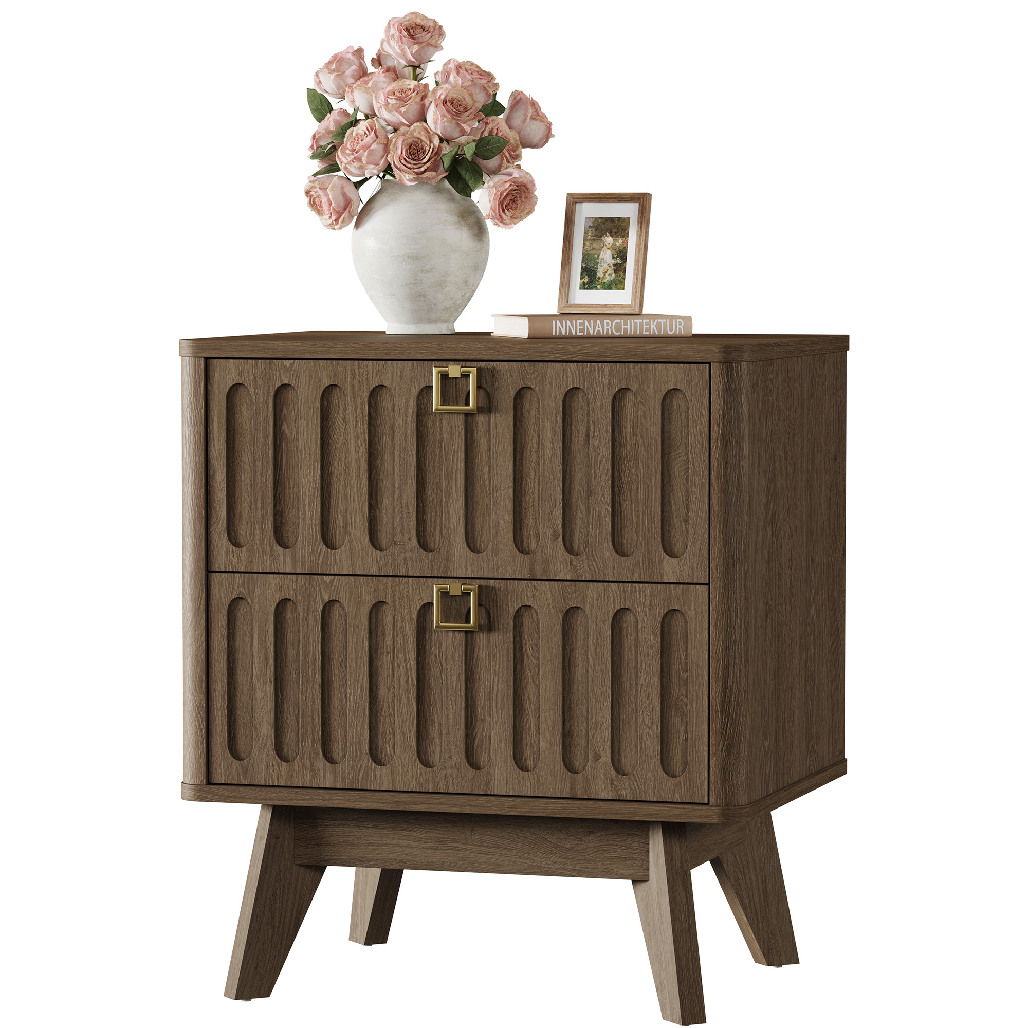 SICOTAS 21.02" Wide 2-Drawer Nightstands Set of 2,Mid-Century Modern Bedside Table with Large Drawers & Elegant Gold Square Handle for Bedroom, Living Room, Entryway - Coffee Oak