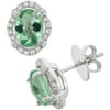 Platinum-Plated Sterling Silver Oval Double-Cut Green Obsidian Pave CZ Earrings