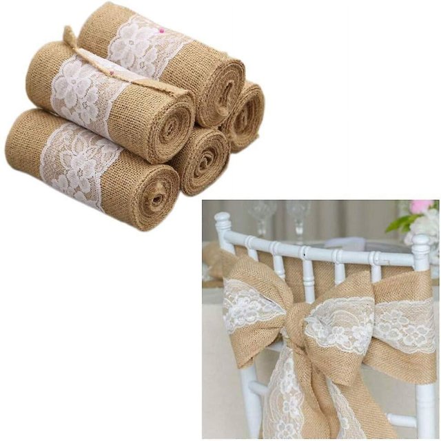 5 uds. De fajas para sillas con encaje de arpillera, funda para silla de arpillera, lazos para silla de encaje de lino rústico