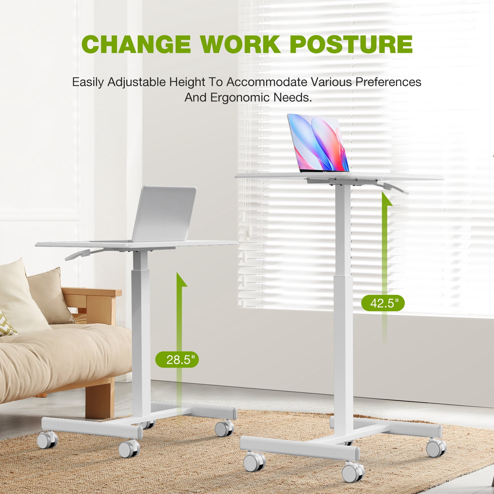 GIANNA Small Standing Desk & Chair, Mobile Portable Rolling Laptop Desk on Wheels, Adjustable Height Table for Home Office, 27 Inch