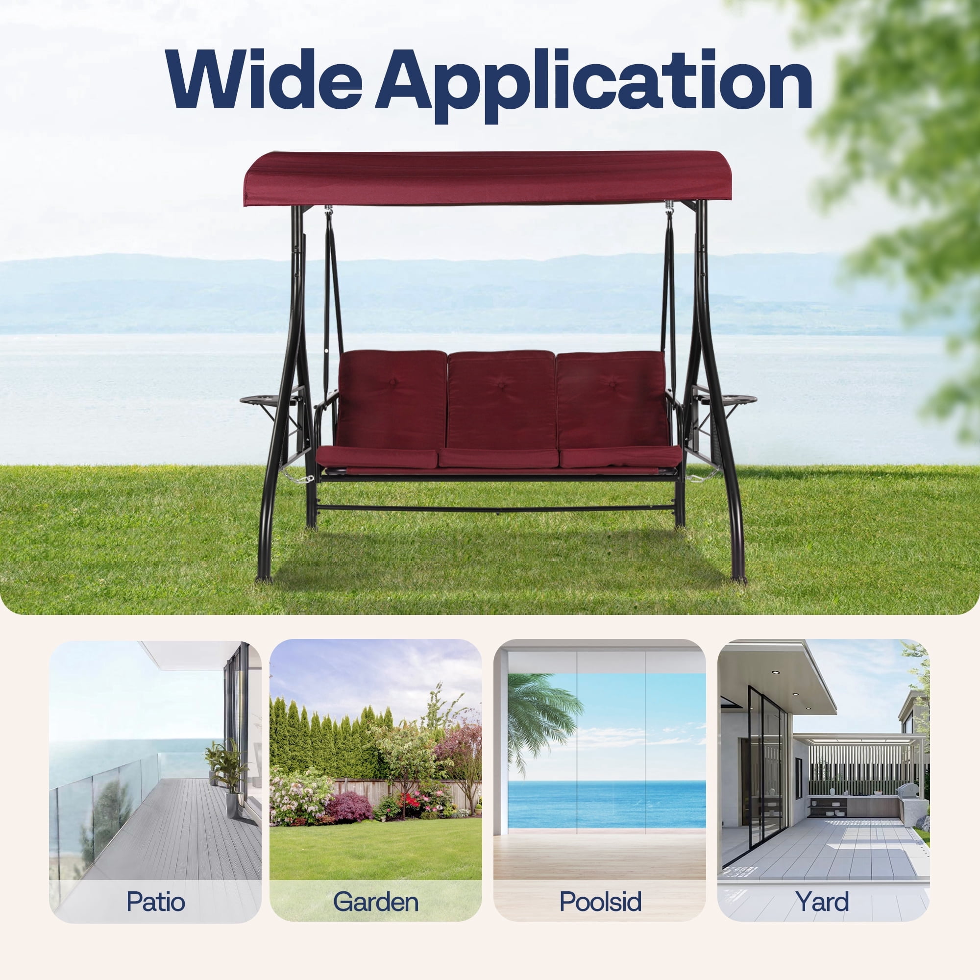 SPECSTAR 3 Seats Patio Swing Chair, Outdoor Converting Canopy Swing Chair w/ Removable Cushion,Swing Glider Hammock for Patio, Garden, Red