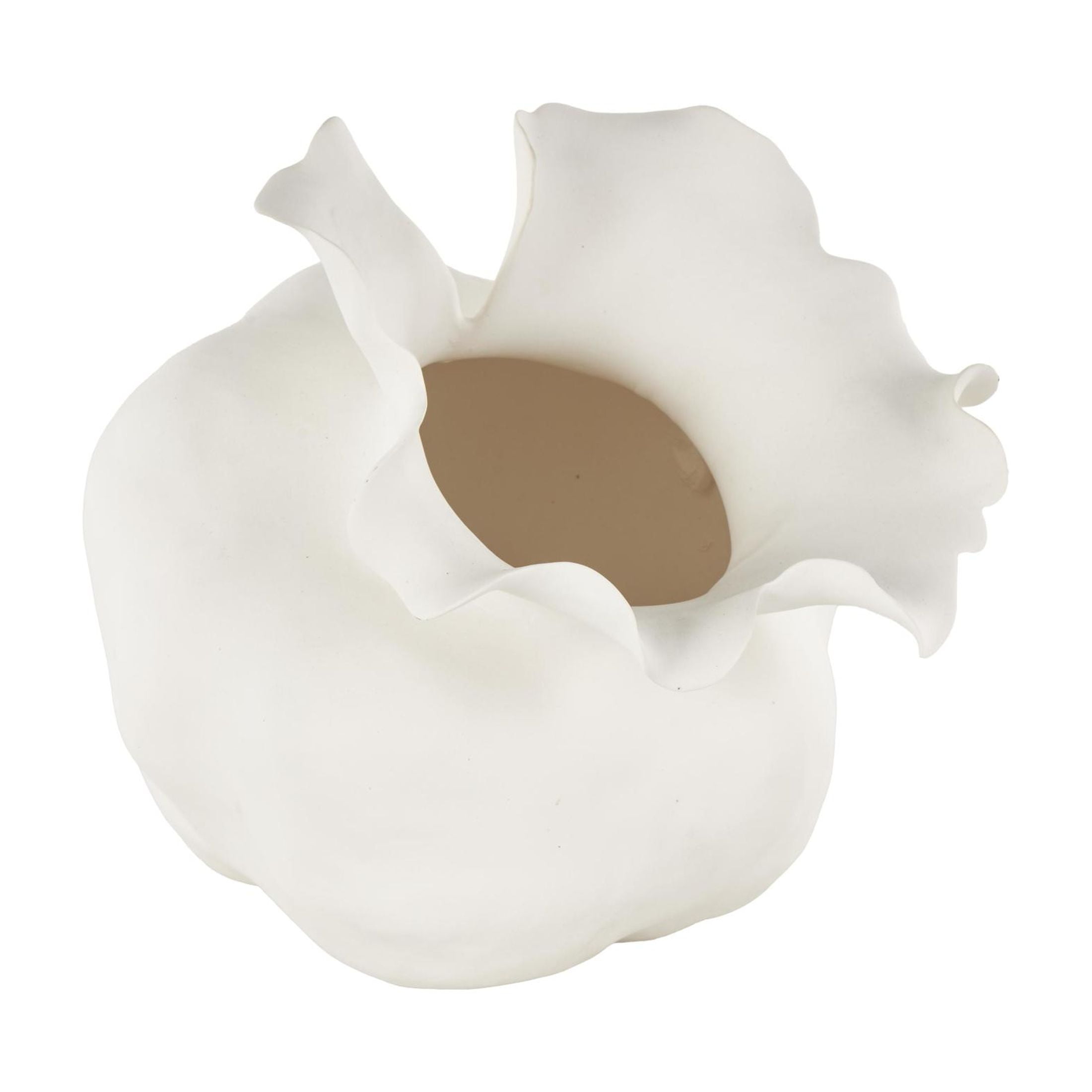 DecMode 9" Abstract Wide Rounded Floral Shaped White Ceramic Vase with Petal Rim
