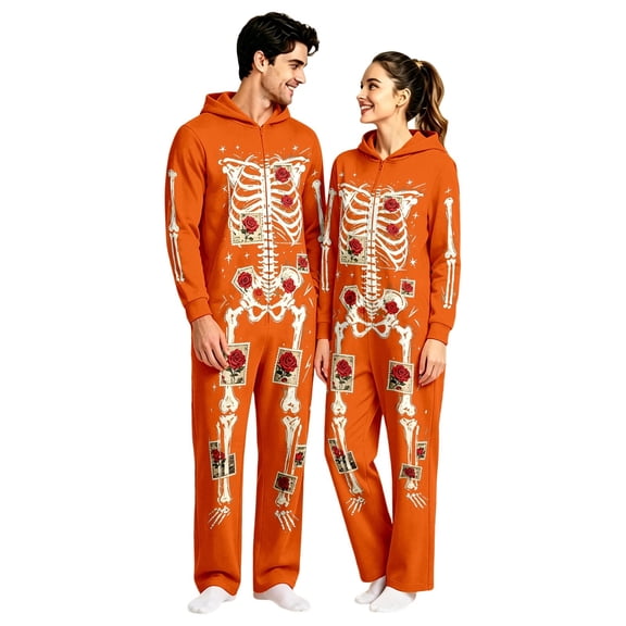 YUEHUA Halloween Onesie, Unisex Skeleton Jumpsuit, Soft Fleece Hooded Zip-Up Lounge Wear, Cozy Fall Nightwear for Couples, Bone Print One-Piece Pajamas