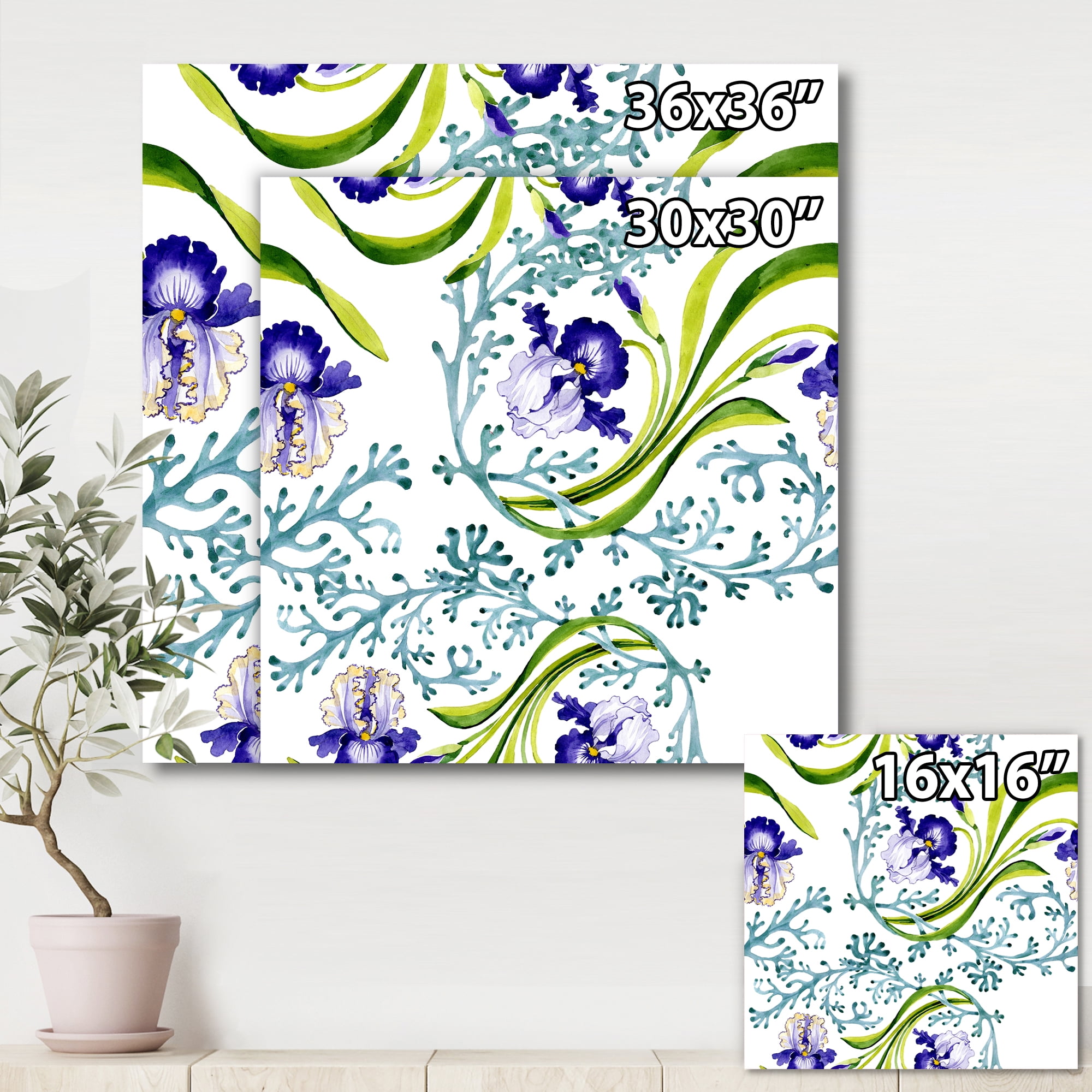 Designart ' Abstract Blue Iris With Wild Spring Leaves ' Traditional Canvas Wall Art Print