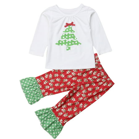 Baby Kid Girls Christmas Outfits Long Sleeve Xmas Tree T-shirt With Flare Pant 6-12