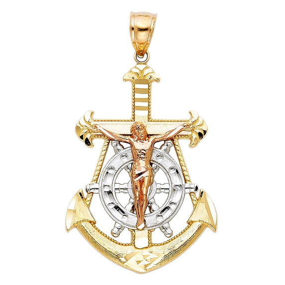 14K Tri Color Gold Jesus Anchor Cross Crucifix Charm Pendant 40mm