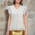 thumbnail image 5 of TARIENDY Womens Sequin Shirts Elegant Ruffled Short Sleeve Party Tops Fashion Sparkly Glitter Shirt Loose Fit V Neck Tunic Tops White S, 5 of 9