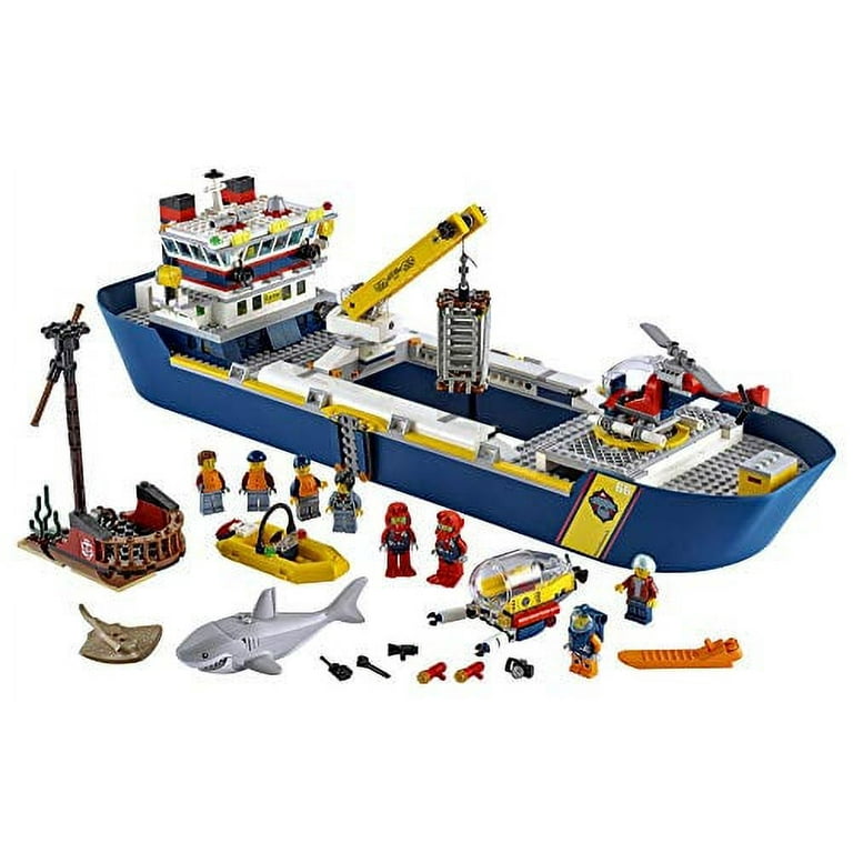 LEGO City Ocean Exploration Ship 60266 Toy Exploration Vessel Mini Helicopter Submarine Shipwreck with Treasure Lifeboat Stingray Shark Plus 8