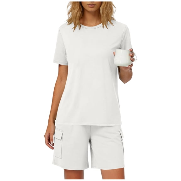 Cagogo Women's 2 Piece Shorts Set Casual Summer Cruise Outfits Loose Round Neck T-Shirt Pocket Shorts Matching Lounge Sets Tracksuits Loungewear Travel Airport Outfit Clothes, White XL