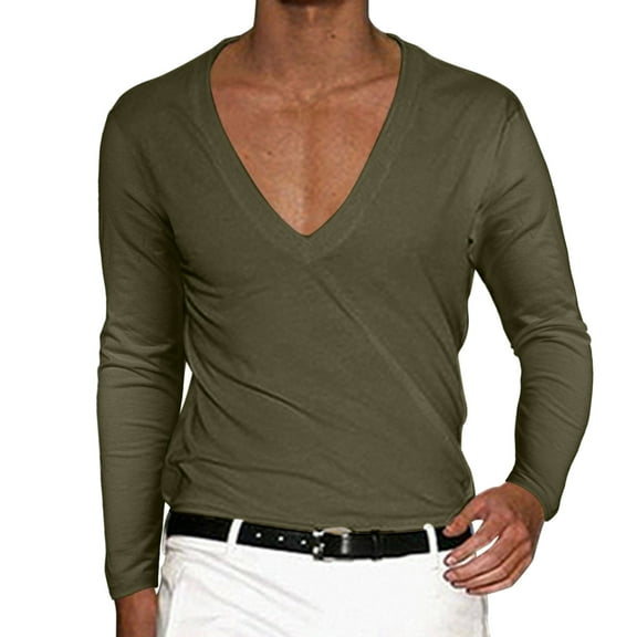 Curuila Mens Shirt Slim Fit Solid Color Pullover V Neck Long Sleeve T Shirt Casual Fashion Sweatshirt Green Size L