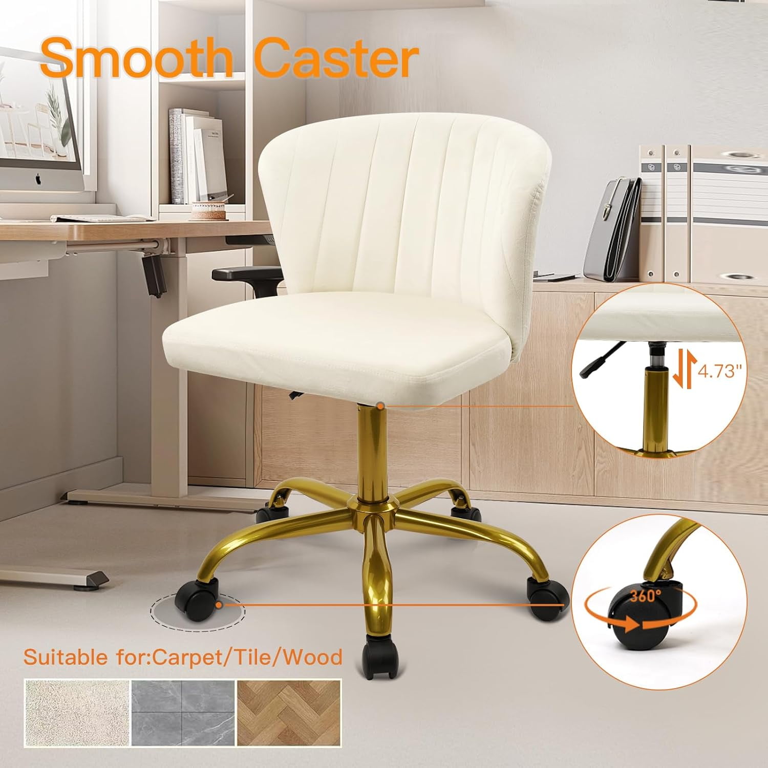 CLATINA Home Office Desk Chair Velvet Vanity Chairs Gold Base, Ergonomic Small Cute Chair Adjustable Height with Wheels Rolling Armless Chair Swivel Task Chair for Study Living Room Bedroom, White