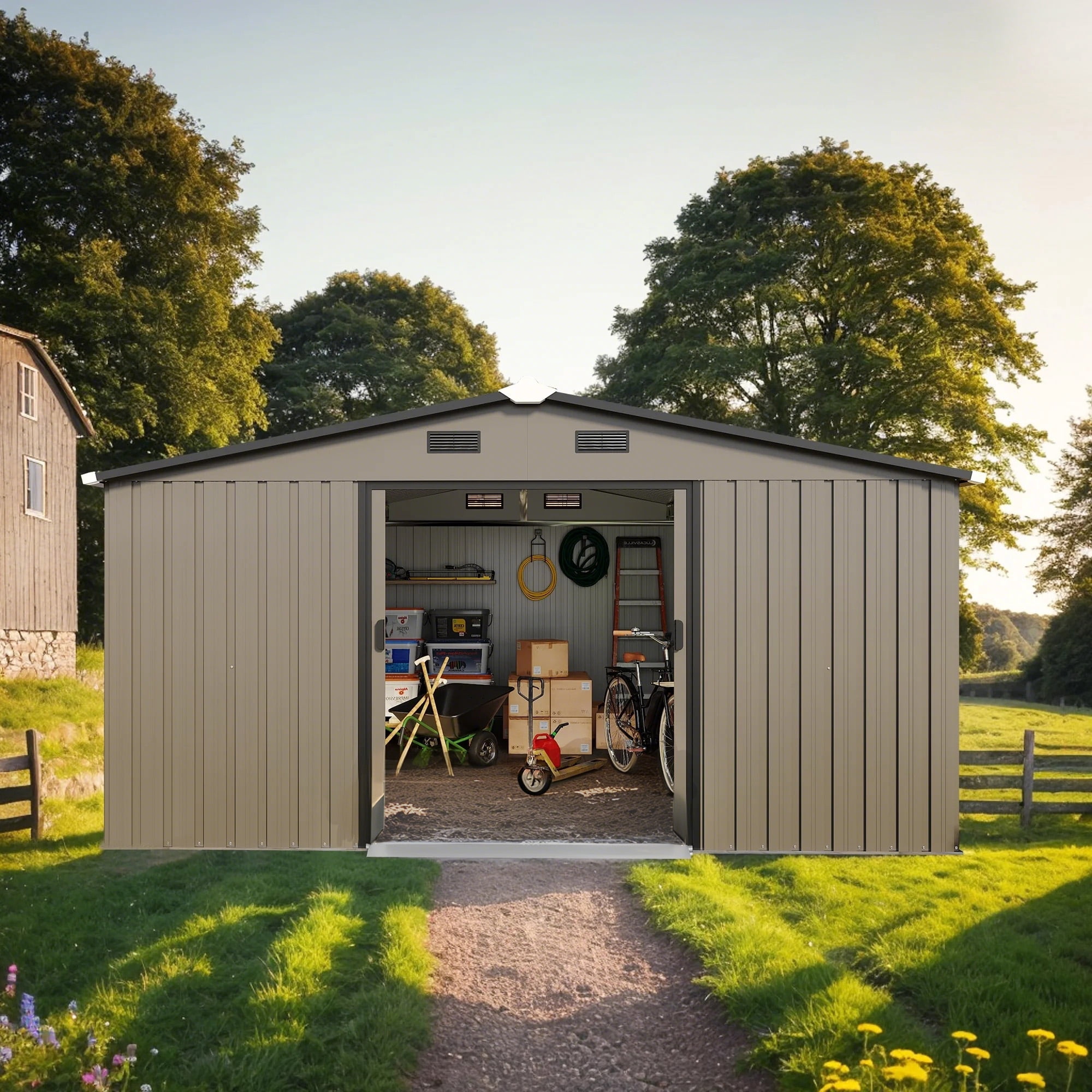 Villeston 10FT x 12FT Outdoor Metal Storage Shed,Tool Shed Storage House with Lockable Door for Garden, Backyard, Patio Brown