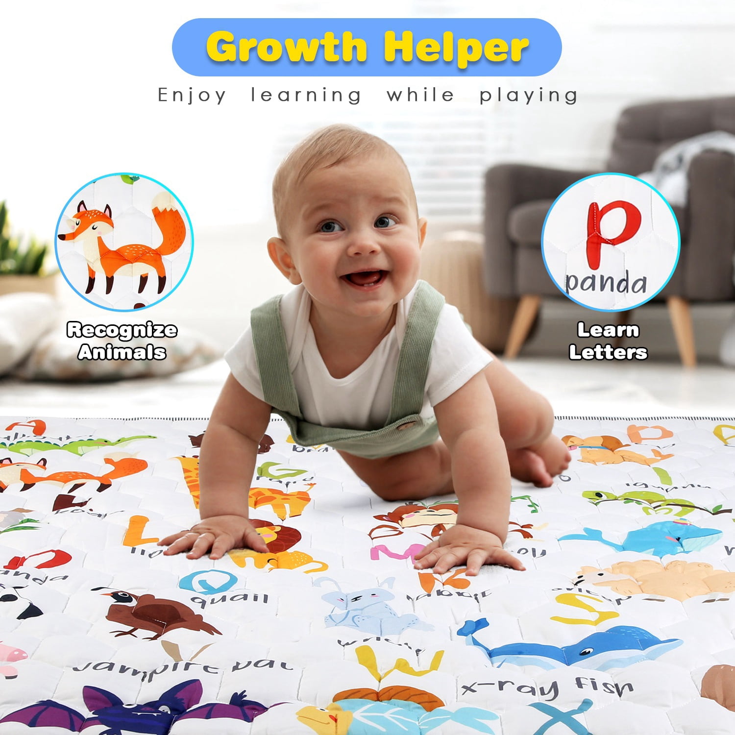 Non-Slip Baby Play Mat TeqHome 50x50" Foldable Playpen Mat Machine Washable Baby Crawling Mat for Babies Toddler Play Tummy Time (S, Animal)