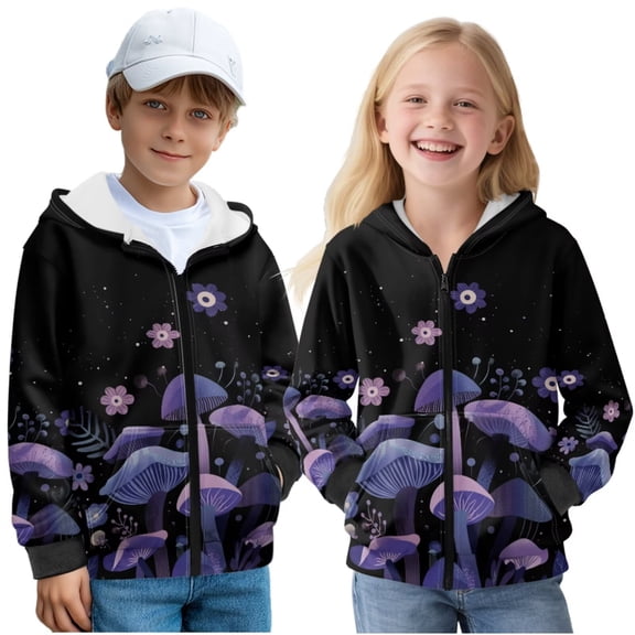 Uorisanigo Full Zip Hoodies Youth Long Sleeve Zip Up Hoodies Fluffy Furry Jacket for Girls Boys Lightweight Purple Mushroom Jacket Sweatshirt Shirts with Pocket for Sports and Daily Wear