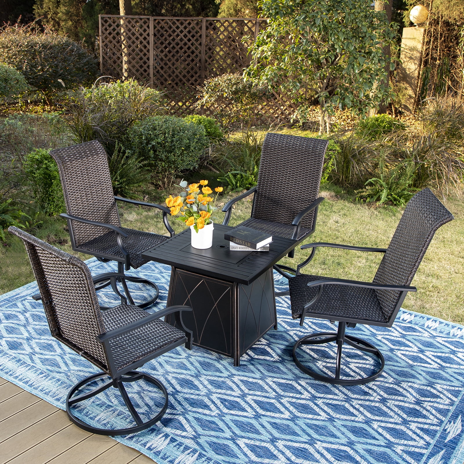 MF Studio 5 Piece Gas Fire Pit Table Set with 4 Rattan Dinning Chairs