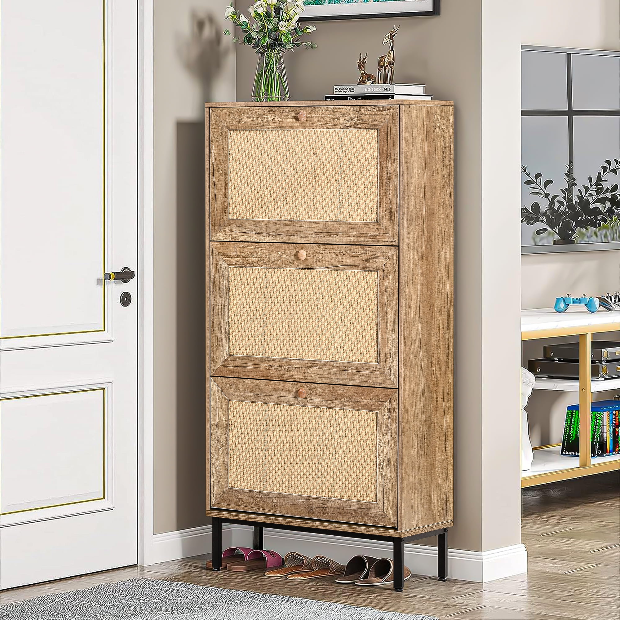 Kepooman Natural 3 Flip Drawer Shoe Cabinet, Rattan Shoe Rack Storage Organizerr with Metal Legs for Entryway Kepooman Natural 3 Flip Drawer Shoe Cabinet, Rattan Shoe Rack Storage Organizerr with Metal Legs for Entryway