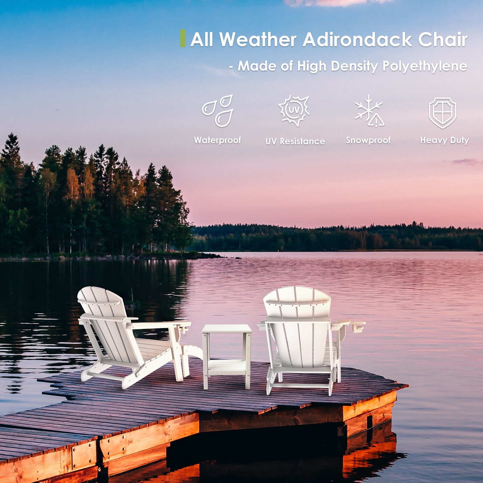 Folding Adirondack Chair HDPE Weather Resistant Patio Chairs w/Cup Holder for Fire Pit, Deck, Outdoor, White(Set of 2)