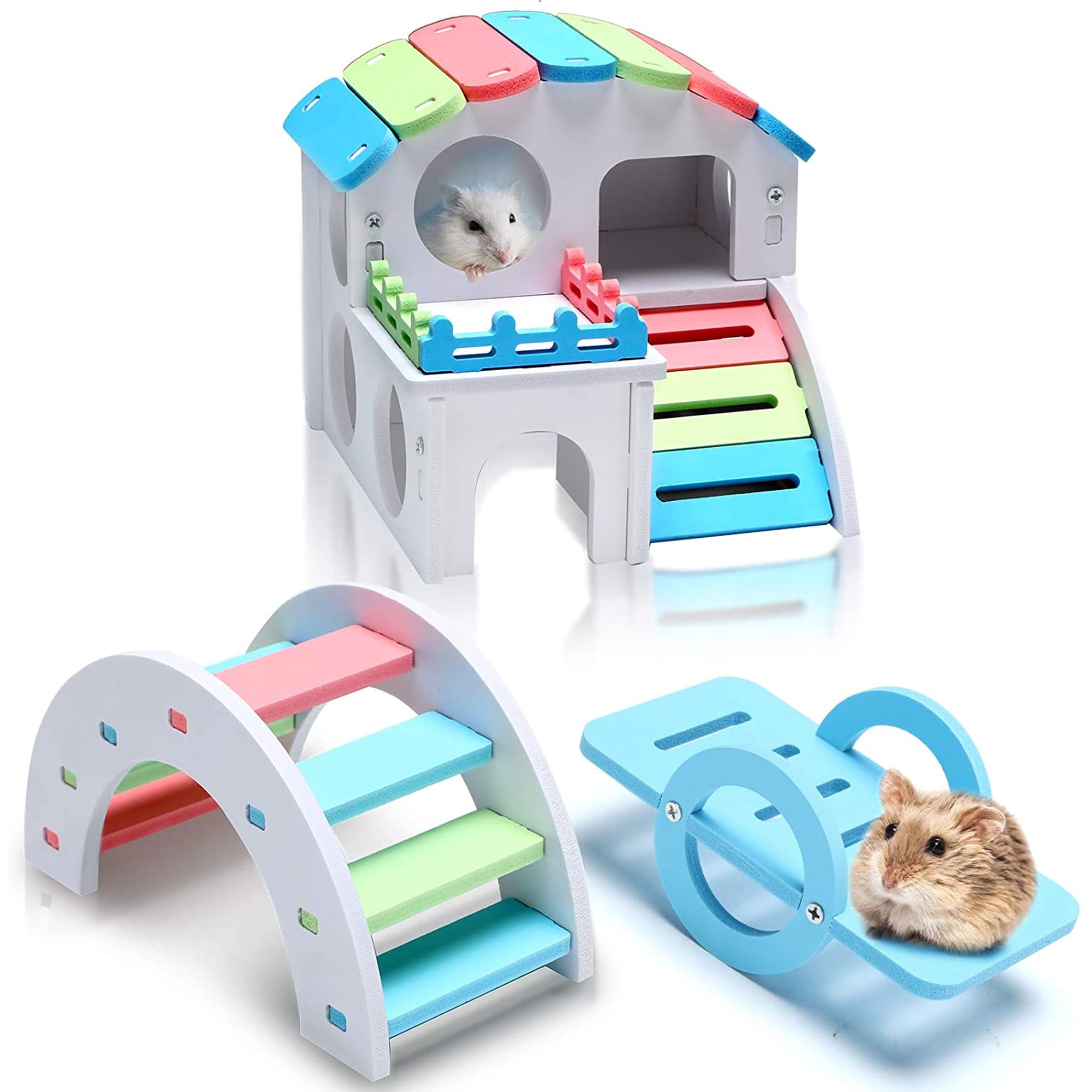 3 Pieces Fun Hamster Guinea Pig Hideout Kit Include PVC Hamster House, Rainbow Bridge, Seesaw DIY Exercise Playhouse for Rats Mouse Small Animals(Small,Rainbow Color)