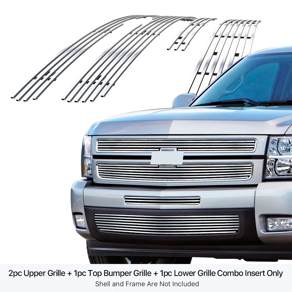 APS Compatible with Chevy Silverado 1500 2007-2013 Stainless Steel SS  Chrome Horizontal Billet Grille Insert Combo C61133A