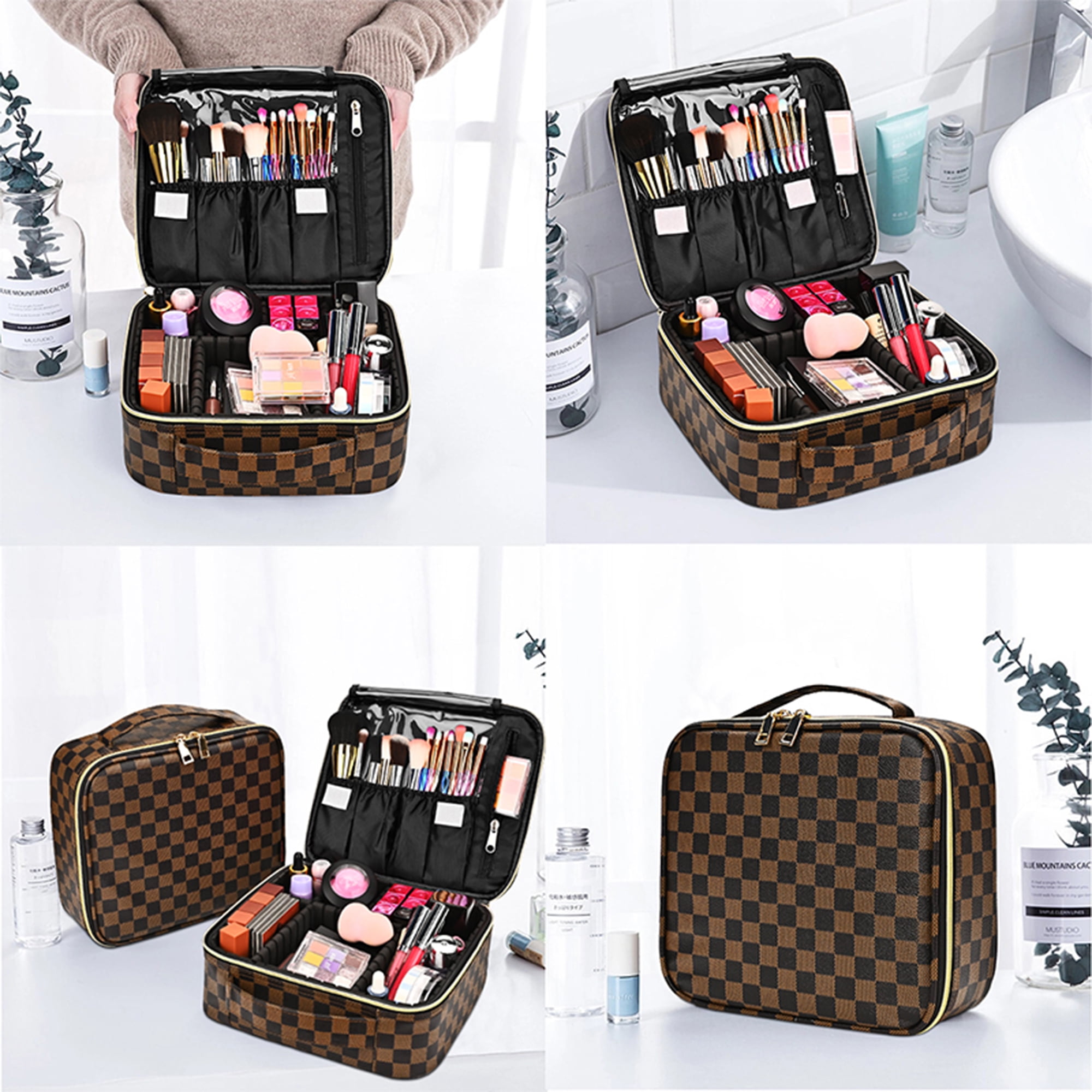 Makeup Bag for Women Checkered Cosmetic Case Travel Cosmetic Organizer with Adjustable Dividers Red