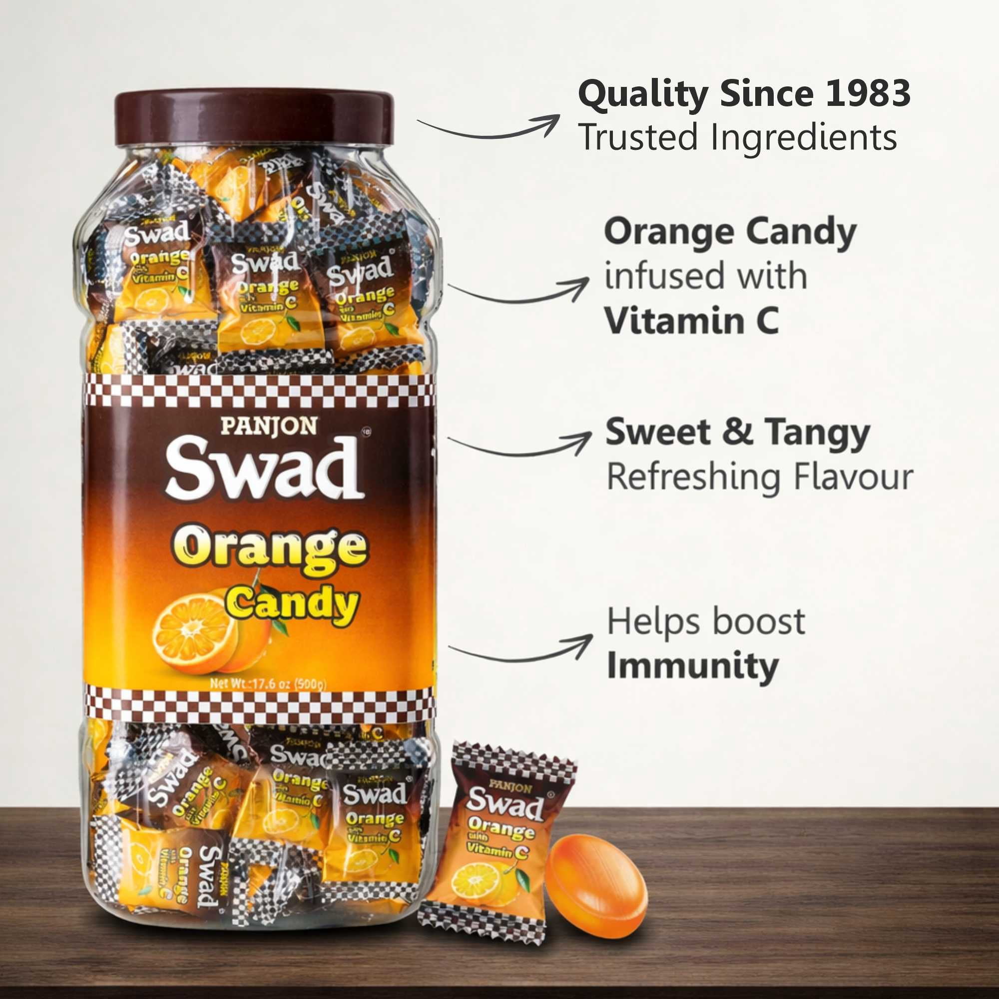 Panjon Swad Orange Vitamin C Candy 500g Jar – Sweet & Tangy Orange Flavor Hard Candy | Refreshing Citrus Treat