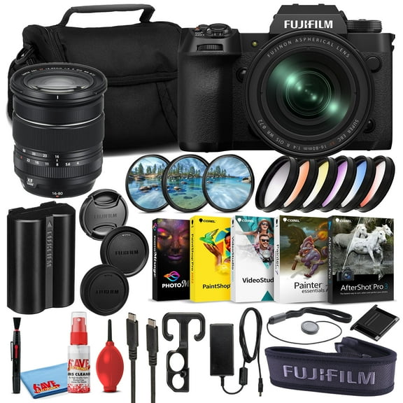 Fujifilm X-H2 Mirrorless Digital Camera with 16-80mm Lens (Black, 16781591) Bundle with Editing Software   Graduated Color Filters   Large Camera Bag   Lens Filters   Camera Cleaning Kit