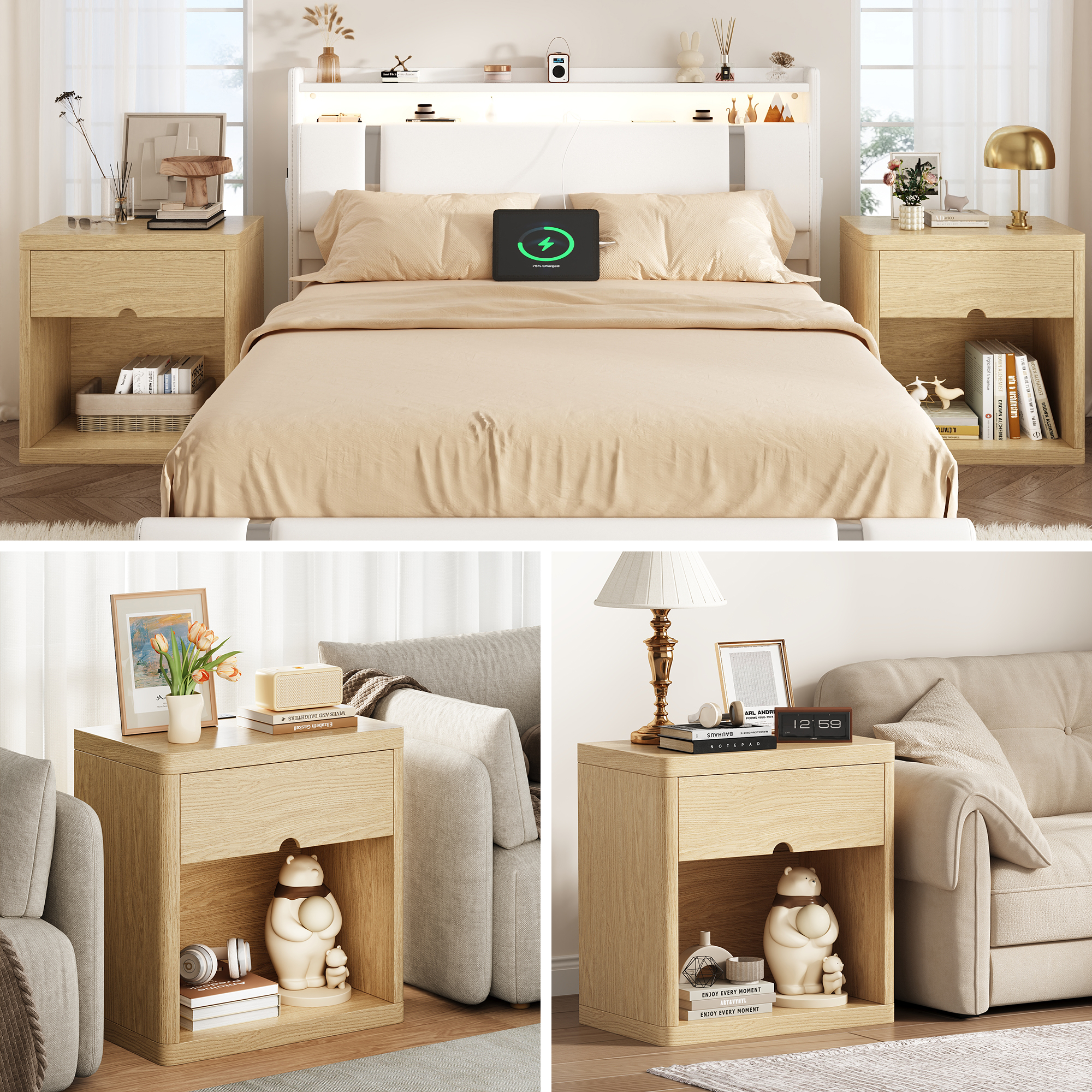 Set of 2 Wood Nightstands with USB Charging Station, 24" Bedside Tables with Safe Rounded Corners & Crescent Handles - Sturdy End Tables for Bedroom, Living Room, Nursery (Wood, 2-Piece Set)