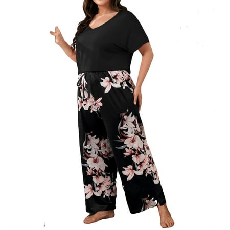 

Wowens Plus Pajama Sets Floral Sleepware Lounge Black 5XL