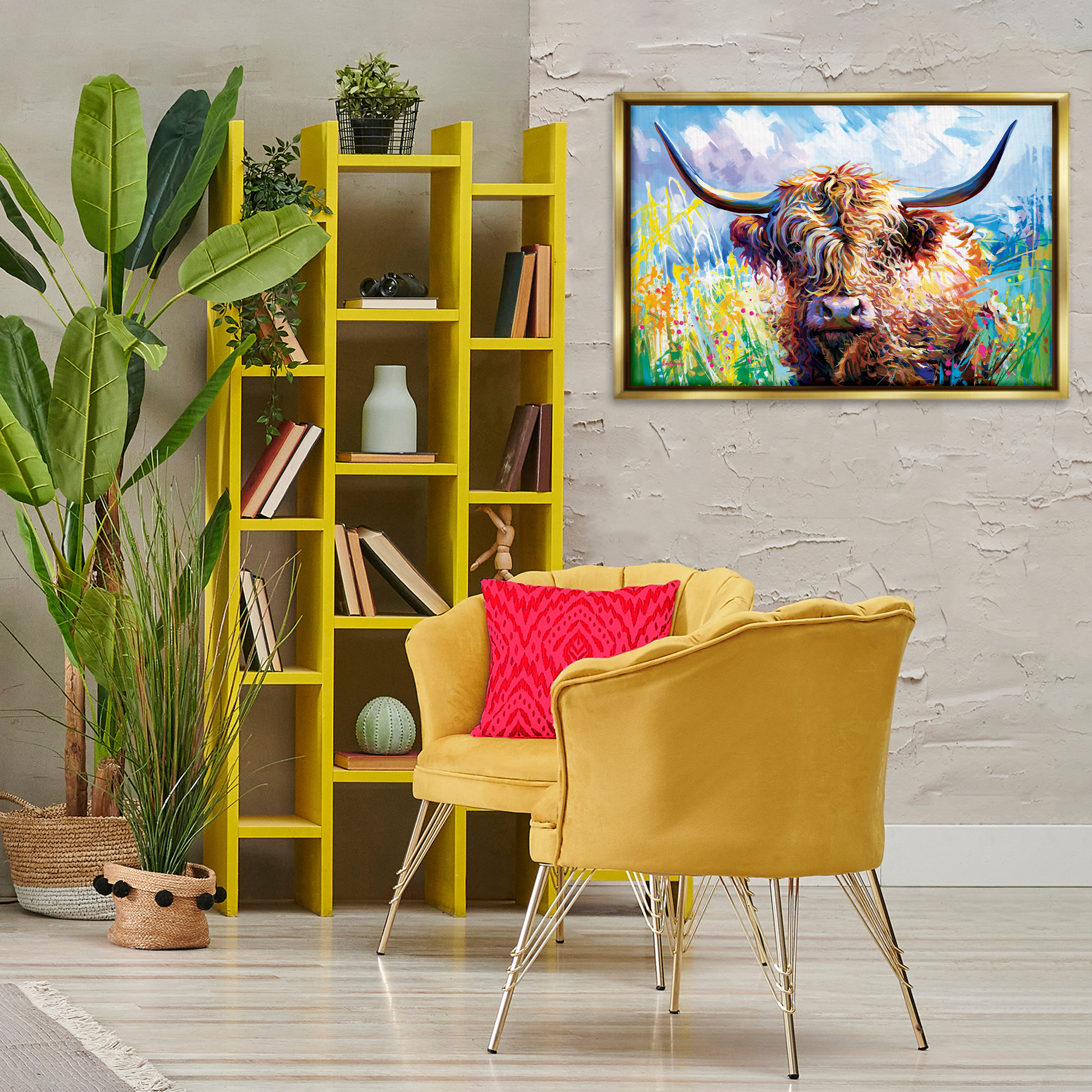 Stupell Industries Long Haired Highland Cattle Animals & Insects Painting Gold Floater Framed Canvas Art Print Wall Art, 31 x 21