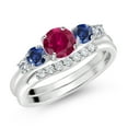 thumbnail image 2 of Gem Stone King 10K White Gold Red Created Ruby Blue Created Sapphire and White Lab Grown Diamond 5 Stone Bridal Engagement Wedding Ring Set for Women (0.99 Cttw, Round: 5MM and 3MM, Size 7), 2 of 6