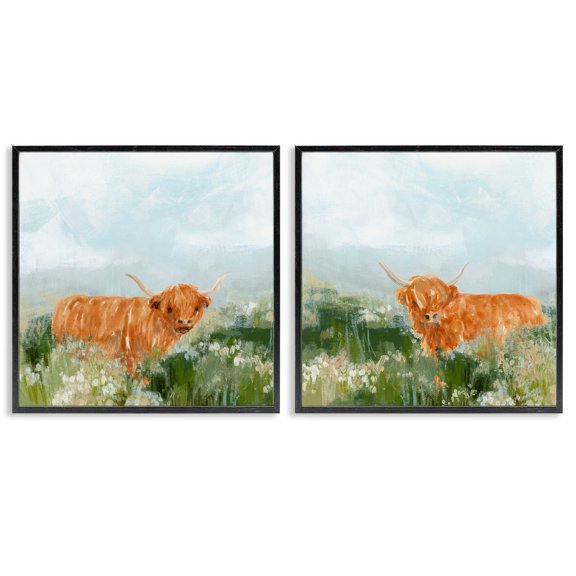 Stupell Industries Shaggy Highland Cow in Field Animals Painting Black Framed Art Print Wall Art, 12 x 12, Set of 2