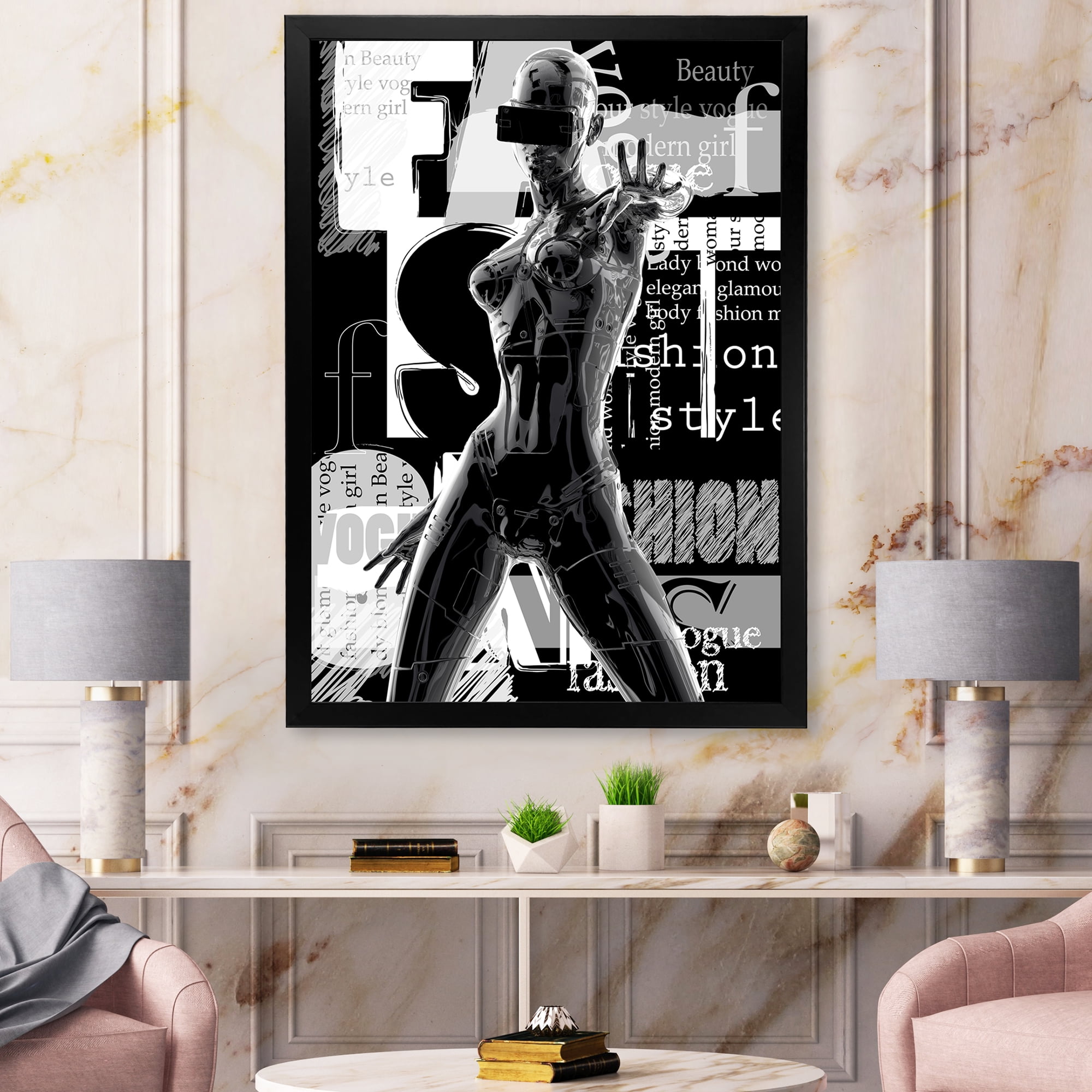 Designart 'Black and White Cyborg Body II' Modern Framed Art Print