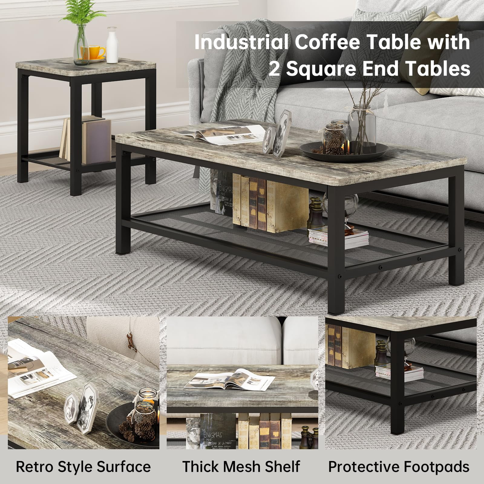 MOOSENG Coffee Table Set of 3, Industrial Vintage Wood Coffee Table with 2 Square End Side Tables, Easy Assembly Living Room Table Set for Offices, Living Rooms and Apartments, Grey